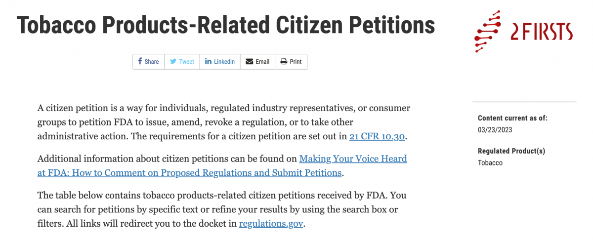 FDA Published New Tobacco Product Petition Webpage